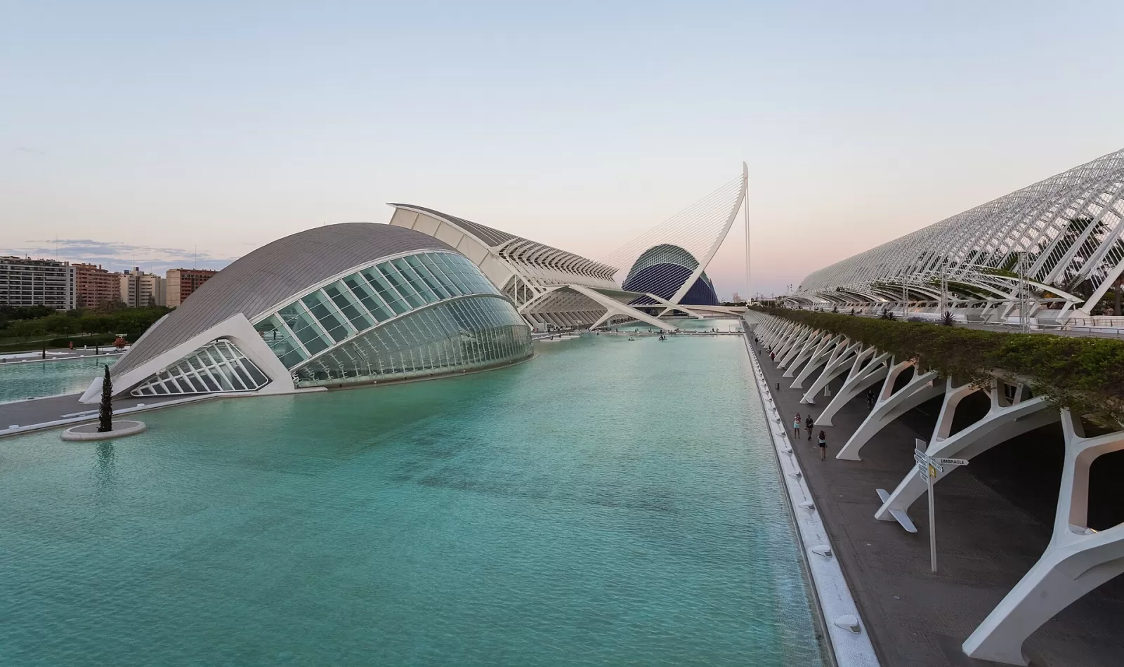 The City of Arts and Sciences in Valencia, with L'Hemisfèric and the long reflecting pool at dusk