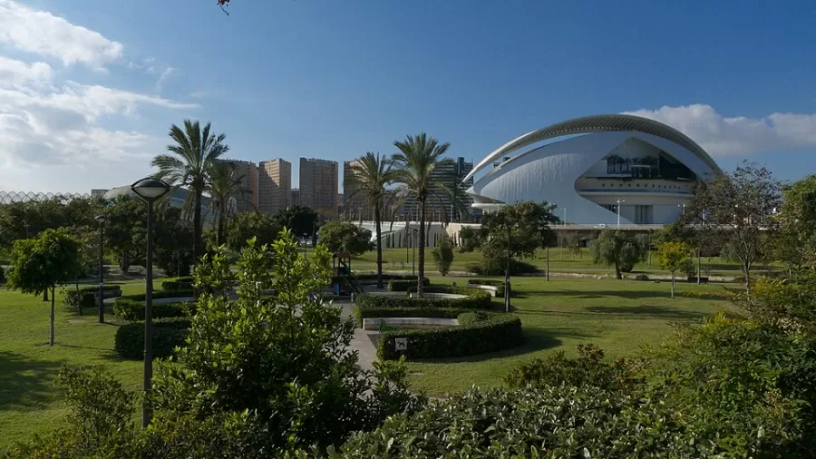 Paths and trees in the Turia Gardens, the park in the old riverbed of Valencia